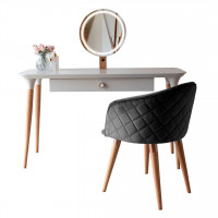 Manhattan Comfort 2-2530511020484 2-Piece HomeDock Vanity Dressing Table with Mirror Led Lights and Kari Accent Chair Set in Off White and Black